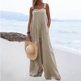 Summer Ladies Fashion Solid Color Button Suspenders Jumpsuit Wide Leg Pants Trousers