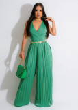 Sleeveless Chic Casual V Neck Slim Waist Pleated Wide Leg Jumpsuit