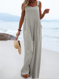 Summer Ladies Fashion Solid Color Button Suspenders Jumpsuit Wide Leg Pants Trousers