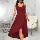 Women sexy solid color v-neck suspenders slit dress