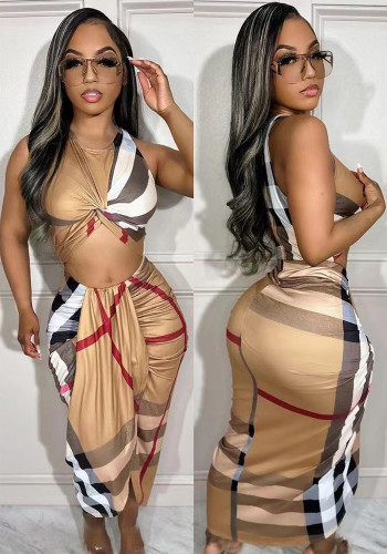 Women Plaid Print Cross Slit Dress