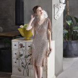 Women Formal Party Evening Gown with Iridescent Sequins