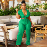 Women Lace-Up Crop Top and Pleated Wide-Leg Pants Two-Piece Set