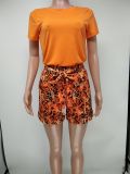 Customize Women Solid Color T-Shirt and Snake Print Shorts Two-Piece Set