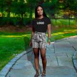 Customize Women Solid Color T-Shirt and Snake Print Shorts Two-Piece Set