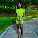 Customize Women Solid Color T-Shirt and Snake Print Shorts Two-Piece Set