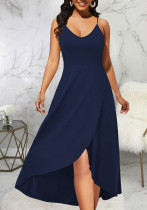 Women sexy solid color v-neck suspenders slit dress