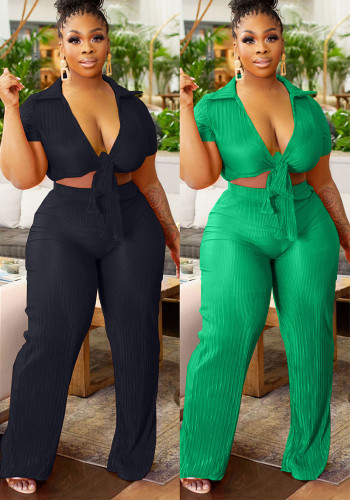 Women Lace-Up Crop Top and Pleated Wide-Leg Pants Two-Piece Set