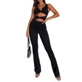 Women Solid Color Slim Cut Out Knot Bell Bottom Jumpsuit