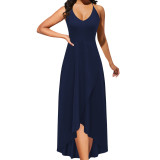 Women sexy solid color v-neck suspenders slit dress