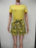 Customize Women Solid Color T-Shirt and Snake Print Shorts Two-Piece Set