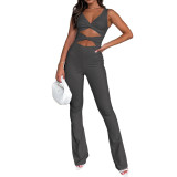 Women Solid Color Slim Cut Out Knot Bell Bottom Jumpsuit