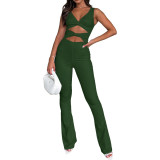 Women Solid Color Slim Cut Out Knot Bell Bottom Jumpsuit
