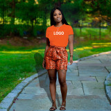 Customize Women Solid Color T-Shirt and Snake Print Shorts Two-Piece Set