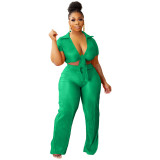 Women Lace-Up Crop Top and Pleated Wide-Leg Pants Two-Piece Set