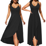 Women sexy solid color v-neck suspenders slit dress