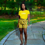 Customize Women Solid Color T-Shirt and Snake Print Shorts Two-Piece Set