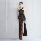 Velvet Sequin Magic Multi-Color One Shoulder Party Wedding Dinner Mermaid Long Evening Gown