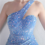 Velvet Sequin Magic Multi-Color One Shoulder Party Wedding Dinner Mermaid Long Evening Gown