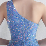 Velvet Sequin Magic Multi-Color One Shoulder Party Wedding Dinner Mermaid Long Evening Gown