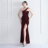 Velvet Sequin Magic Multi-Color One Shoulder Party Wedding Dinner Mermaid Long Evening Gown