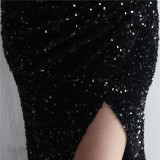 Velvet Sequin Magic Multi-Color One Shoulder Party Wedding Dinner Mermaid Long Evening Gown