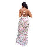 Sleeveless V-neck Low Back Printed Slim Dress Versatile Women's Strap Dress