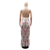 Sleeveless V-neck Low Back Printed Slim Dress Versatile Women's Strap Dress