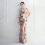 Sequined Strap Slit Bodycon Sexy Long Evening Dress