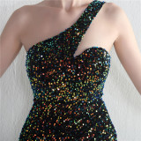 Velvet Sequin Magic Multi-Color One Shoulder Party Wedding Dinner Mermaid Long Evening Gown