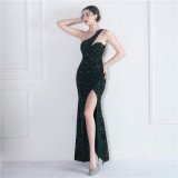 Velvet Sequin Magic Multi-Color One Shoulder Party Wedding Dinner Mermaid Long Evening Gown