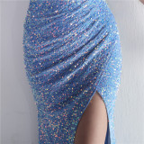 Velvet Sequin Magic Multi-Color One Shoulder Party Wedding Dinner Mermaid Long Evening Gown
