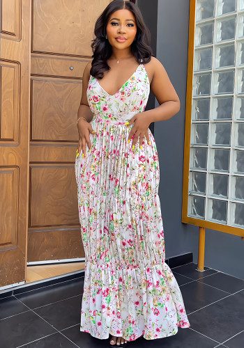 Sleeveless V-neck Low Back Printed Slim Dress Versatile Women's Strap Dress