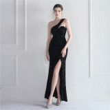 Velvet Sequin Magic Multi-Color One Shoulder Party Wedding Dinner Mermaid Long Evening Gown