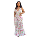 Sleeveless V-neck Low Back Printed Slim Dress Versatile Women's Strap Dress