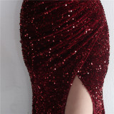Velvet Sequin Magic Multi-Color One Shoulder Party Wedding Dinner Mermaid Long Evening Gown