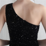 Velvet Sequin Magic Multi-Color One Shoulder Party Wedding Dinner Mermaid Long Evening Gown