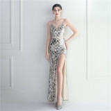 Sequined Strap Slit Bodycon Sexy Long Evening Dress