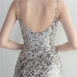 Sequined Strap Slit Bodycon Sexy Long Evening Dress