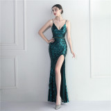 Sequined Strap Slit Bodycon Sexy Long Evening Dress