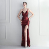Sequined Strap Slit Bodycon Sexy Long Evening Dress