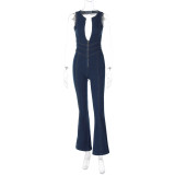Women's Summer Slim Fit Fashion Low Back Retro High Waist Denim Jumpsuit