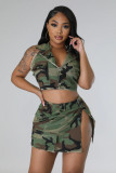 Women's Halter Neck Low Back Trendy Camouflage High Waist Skirt Slit Fashion Sexy Skirt Set