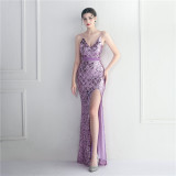 Sequined Strap Slit Bodycon Sexy Long Evening Dress