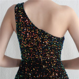 Velvet Sequin Magic Multi-Color One Shoulder Party Wedding Dinner Mermaid Long Evening Gown