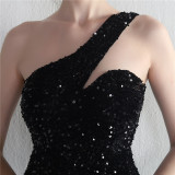 Velvet Sequin Magic Multi-Color One Shoulder Party Wedding Dinner Mermaid Long Evening Gown