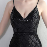 Sequined Strap Slit Bodycon Sexy Long Evening Dress