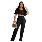 Women's Pleated Ruffle Off Shoulder crop top Wide Leg Pants two piece Set