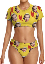women's sexy two piece Short sleeve custom made swimsuits Face Print customised swimwear women's sexy two piece Short sleeve custom made swimsuits Face Print customised swimwear