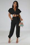 Ruffle Sleeve Crop Short turndown collar Shirt High Waist Casual Fashion pants Women's Two-piece Set